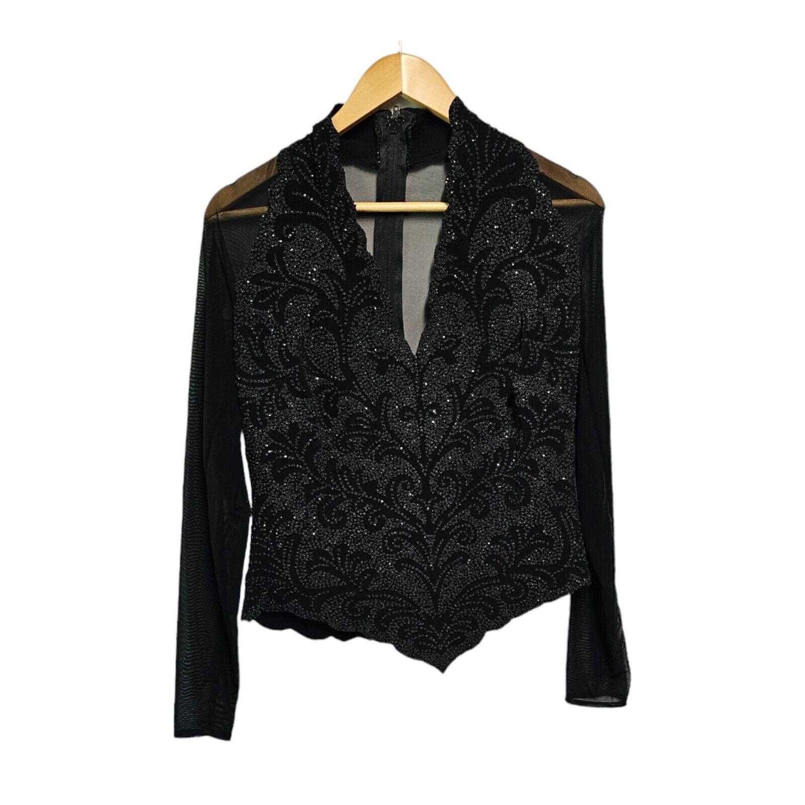Vintage Lillie Rubin Beaded Blouse V Neck Mesh Long Sleeve Corset Top Large